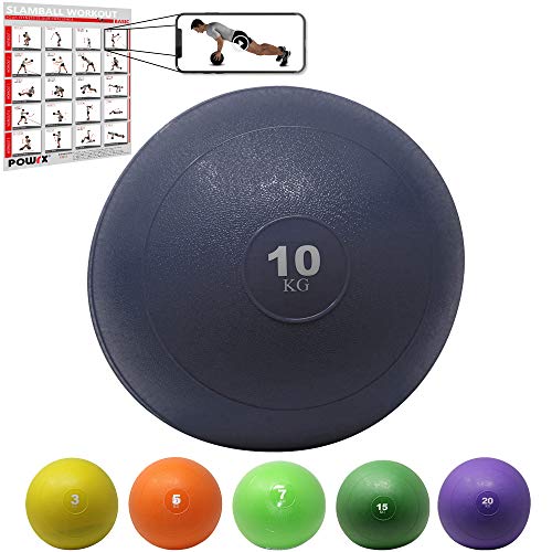 POWRX Slam Ball Balón Medicinal 10 kg - Ideal para Ejercicios de »Functional Fitness«, fortalecimiento y tonificación Muscular - Contenido de Arena y Efecto Anti-Rebote + PDF Workout (BLU)