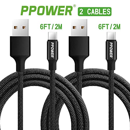 Ppower - Cable USB tipo C, carga rápida de nailon trenzado rápido para Samsung Galaxy S9 Note 9 8 S8 Plus, Google Pixel XL 2 3, LG G7 Thinq V20, Moto Z Z3, negro (2 M/6 pies)