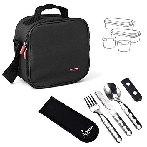 PracticFood - Urban Food Negro con Cubiertos Laken. Bolsa Térmica Porta Alimentos con Tapers Herméticos