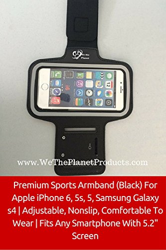 Premium Brazalete (Negro) para Apple iPhone 6, 5S, 5, Samsung Galaxy S4 | Ajustable, Antideslizante, cómodo de Llevar | se Adapta a Cualquier Smartphone con Pantalla 5.2 "