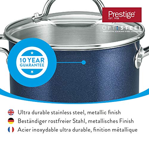 Prestige Optisteel cazo con Tapa, cazo de Alto Rendimiento con Tapa, batería de Cocina de Acero Inoxidable para Todo Tipo de cocinas y fogones, cazo pequeño de 16 cm, Azul