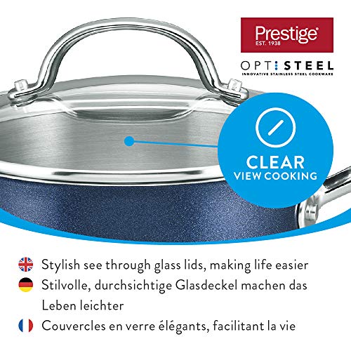 Prestige Optisteel cazo con Tapa, cazo de Alto Rendimiento con Tapa, batería de Cocina de Acero Inoxidable para Todo Tipo de cocinas y fogones, cazo pequeño de 16 cm, Azul