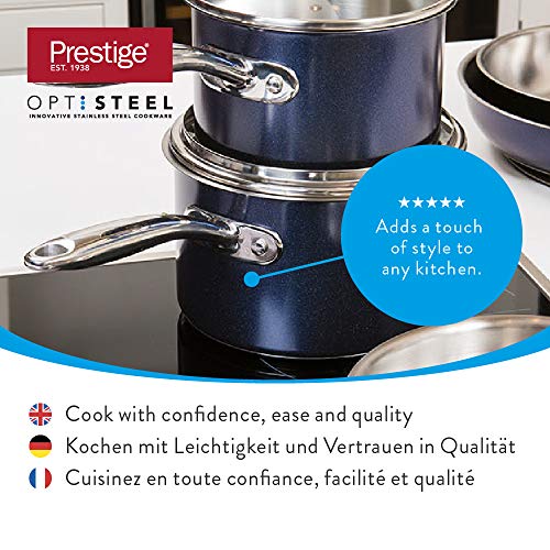 Prestige Optisteel cazo con Tapa, cazo de Alto Rendimiento con Tapa, batería de Cocina de Acero Inoxidable para Todo Tipo de cocinas y fogones, cazo pequeño de 16 cm, Azul