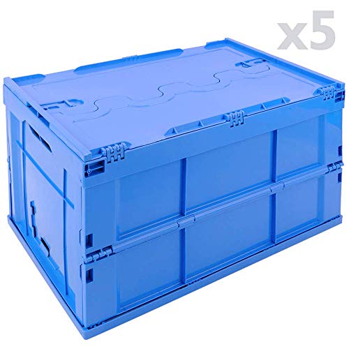 PrimeMatik - Caja de plástico EuroBox Plegable y apilable. Contenedor Azul con Tapa 60x40x32cm 65L 5-Pack