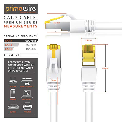 Primewire 1m Cable de Red Gigabit Ethernet Cat 7-10000 Mbit s - Cable de Conexión - Cable Cat.7 en Bruto con apantallamiento S FTP PIMF y Conector RJ45 - Punto de Acceso Switch Router Modem - Blanco