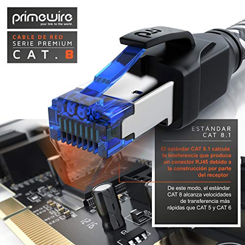 Primewire – 7,5 m Cable de Red Cat 8 - Gigabit Ethernet Cable LAN 40000 Mbit S - Revestido de Tela - Cat.8 Cable Crudo con Conector RJ 45 - S FTP blindaje Pimf - Switch Router Modem Access Point