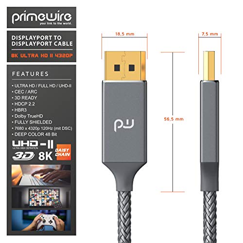 Primewire - Cable Premium 8K DisplayPort a DisplayPort– 2m - DP1.4 – UHD II – 8K –7680 x 4320 @ 60 Hz (con DSC) – HBR3 – Contactos Dorados – para Ordenadores de sobremesa y portátiles con DP