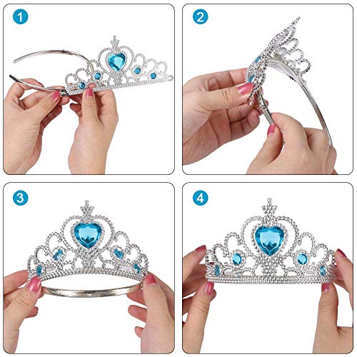 Princesa Disfraces con accesorios, URAQT Accesorios de Princesa disfraces, Princesa Vestir Accesorios include trenza / Tiara con Diamante / Magic Wand / Gloves /Necklace para Niña，Azul, 6PCS