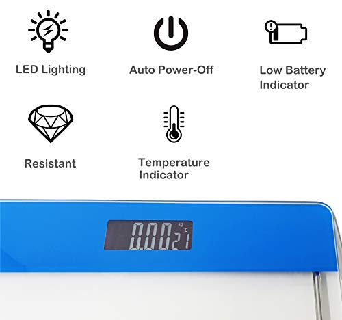 Pritech - Báscula de Baño Digital de Alta Precisión de Vidrio Transparente con Iluminación LCD, Indicador de Temperatura Y Apagado Automático (Azul). PBP-176A