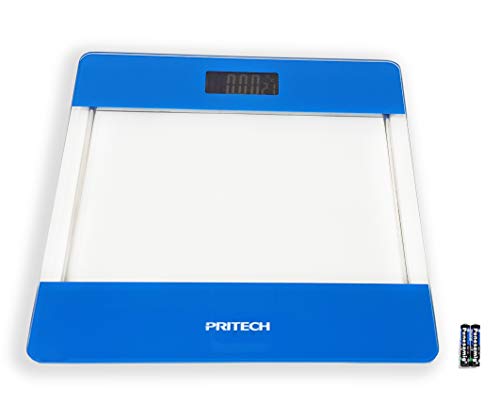 Pritech - Báscula de Baño Digital de Alta Precisión de Vidrio Transparente con Iluminación LCD, Indicador de Temperatura Y Apagado Automático (Azul). PBP-176A