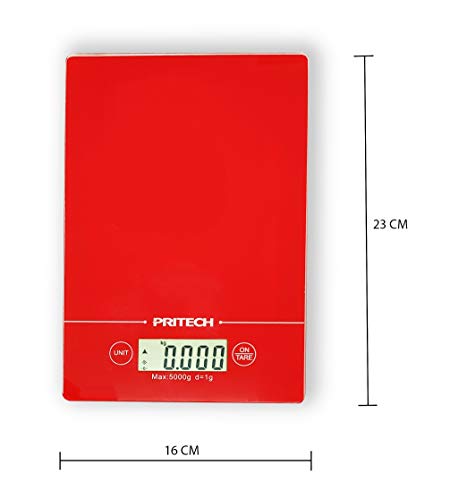 PRITECH - Báscula de Vidrio Resistente Digital para Cocina, Peso máximo 5 kg y Alta precisión, Parada automática y función de Tara (Roja)