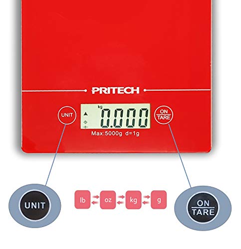 PRITECH - Báscula de Vidrio Resistente Digital para Cocina, Peso máximo 5 kg y Alta precisión, Parada automática y función de Tara (Roja)