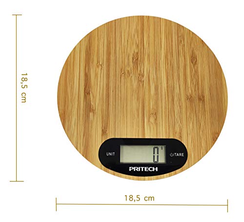 PRITECH - Báscula Digital de bambú Resistente para Cocina, Peso máximo 5Kg y Alta precisión, Auto Apagado y Función de Tara. (Redonda)