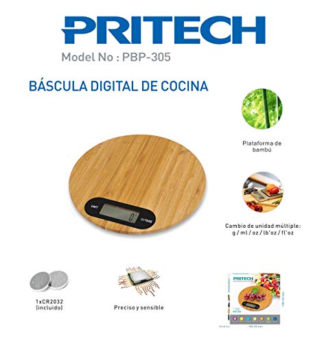 PRITECH - Báscula Digital de bambú Resistente para Cocina, Peso máximo 5Kg y Alta precisión, Auto Apagado y Función de Tara. (Redonda)