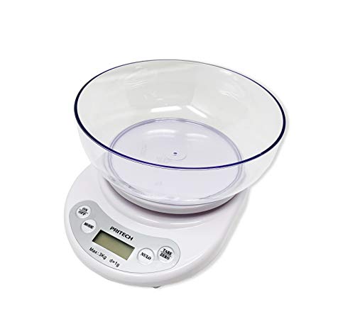 PRITECH - Báscula Digital para Cocina con Tazón Removible, 3 kg / 6,6 lbs, Balanza Digital de Alimentos Auto Apagado, con Pantalla LCD, Función Auto Tara, Baterías Incluidas