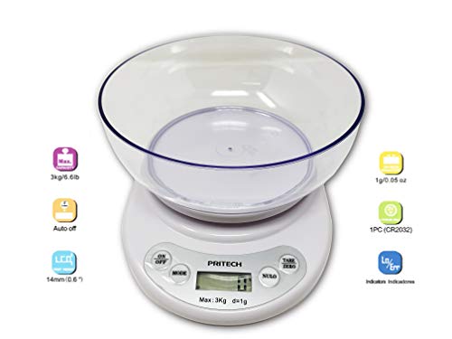 PRITECH - Báscula Digital para Cocina con Tazón Removible, 3 kg / 6,6 lbs, Balanza Digital de Alimentos Auto Apagado, con Pantalla LCD, Función Auto Tara, Baterías Incluidas