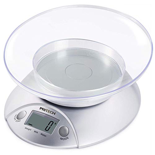 PRITECH - Báscula Digital para Cocina con Tazón Removible, 5 kg / 11 lbs, Balanza Digital de Alimentos Auto Apagado, Plataforma de Acero Inoxidable, Baterías Incluidas