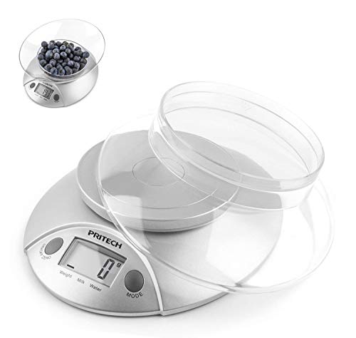 PRITECH - Báscula Digital para Cocina con Tazón Removible, 5 kg / 11 lbs, Balanza Digital de Alimentos Auto Apagado, Plataforma de Acero Inoxidable, Baterías Incluidas