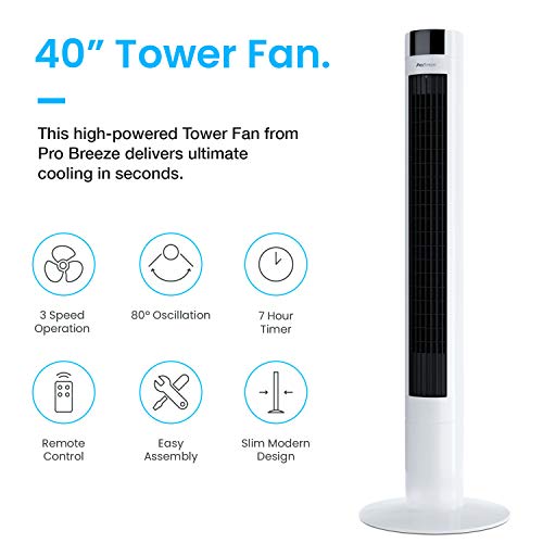 Pro Breeze Ventilador de Torre Oscilante de 100cm - Potente motor de 45W. Con Control Remoto, Temporizador de 7 h y 3 Velocidades de Ventilador de Refrigeración - Blanco