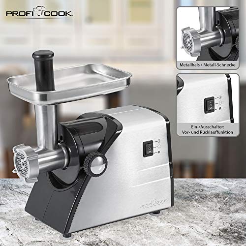 Proficook FW 1060 Picadora de Carne, Accesorios para Embutir Salchic, 1000 W, Acero Inoxidable, Negro/Plateado