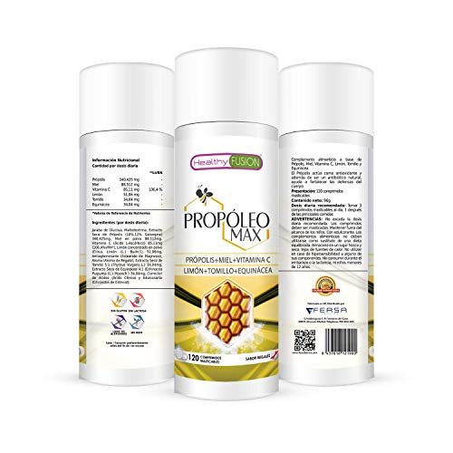 Propóleo puro masticable con miel, vitamina C y tomillo | Con equinácea | Aumenta tus defensas y protege el sistema inmunológico | Propiedades antibacterianas y antibióticas | 120 comprimidos