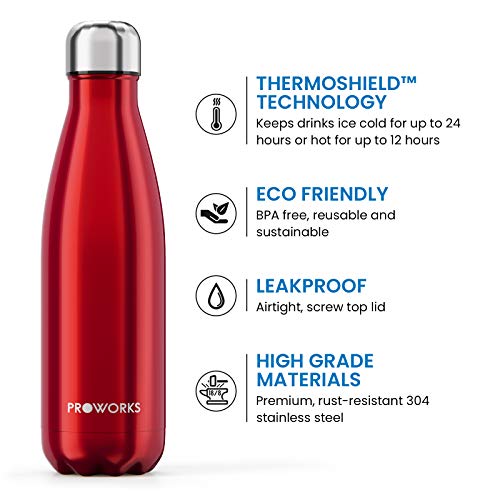 Proworks Botellas de Agua Deportiva de Acero Inoxidable | Cantimplora Termo con Doble Aislamiento para 12 Horas de Bebida Caliente y 24 Horas de Bebida Fría - Libre de BPA - 350ml – Rojo Metalizado