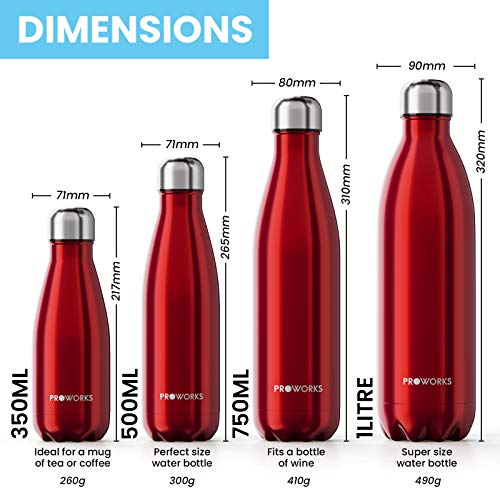 Proworks Botellas de Agua Deportiva de Acero Inoxidable | Cantimplora Termo con Doble Aislamiento para 12 Horas de Bebida Caliente y 24 Horas de Bebida Fría - Libre de BPA - 350ml – Rojo Metalizado