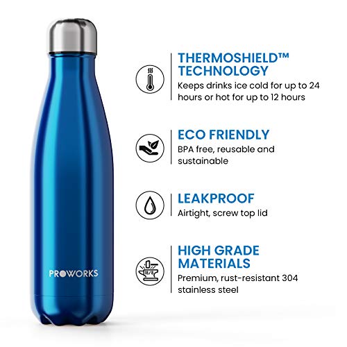 Proworks Botellas de Agua Deportiva de Acero Inoxidable | Cantimplora Termo con Doble Aislamiento para 12 Horas de Bebida Caliente y 24 Horas de Bebida Fría - Libre de BPA - 1.5L – Azul