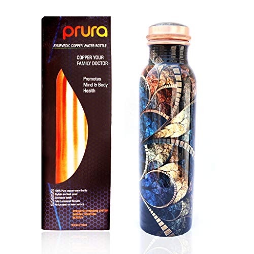 PRURA - Botella para agua de cobre, recipiente de cobre puro ayurvédico a prueba de fugas, color Diseño 9, tamaño 900ml/30oz, volumen 900.0milliliters