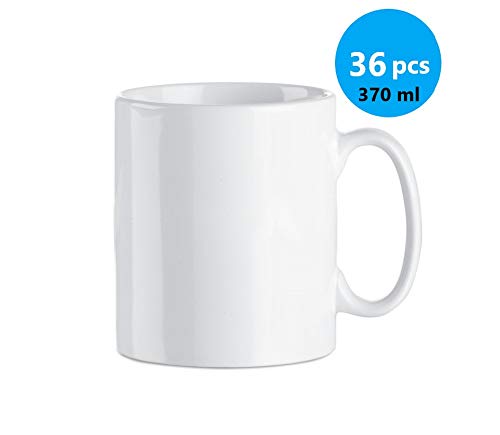 Publiclick® Lote 36 Tazas Blancas,Tazas cerámicas 370 ml. Presentada en Caja Individual, Tazas para Pintar, Boda, Tazas Ceramica, Med 9.8 x cm- 8.2 Ø -320gr.