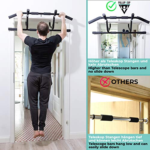 PULLUP & DIP Barra Dominadas Puerta Para Colgar Sin Tornillos y Sin Deslizamiento, Barra Fija Profesional, Pull-Up Bar Con Agarres Acolchados Incluye Banda Elástica de Resistencia + eBook