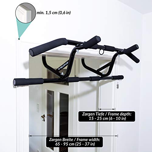 PULLUP & DIP Barra Dominadas Puerta Para Colgar Sin Tornillos y Sin Deslizamiento, Barra Fija Profesional, Pull-Up Bar Con Agarres Acolchados Incluye Banda Elástica de Resistencia + eBook