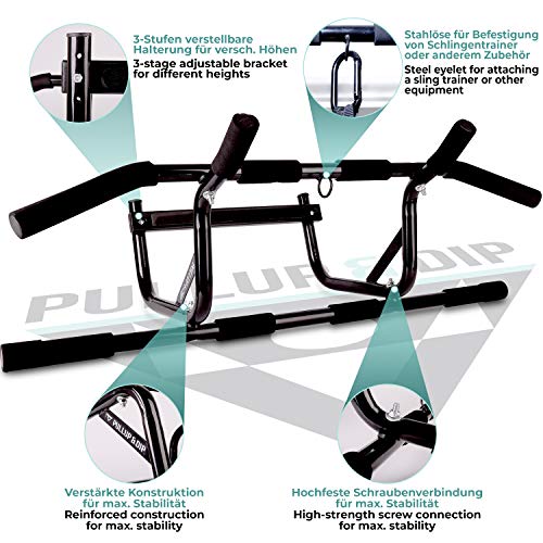 PULLUP & DIP Barra Dominadas Puerta Para Colgar Sin Tornillos y Sin Deslizamiento, Barra Fija Profesional, Pull-Up Bar Con Agarres Acolchados Incluye Banda Elástica de Resistencia + eBook