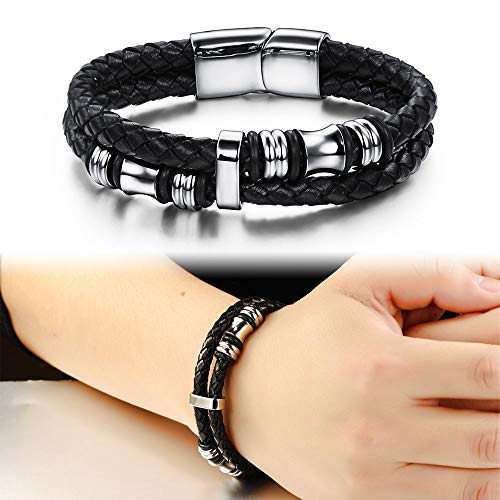 Pulsera de cuero para hombres Pulsera de hebilla magnética de acero inoxidable de múltiples capas tejida a mano Esta joyería es el accesorio ideal para fiestas de hombres y adolescentes,220mm(8.66in)