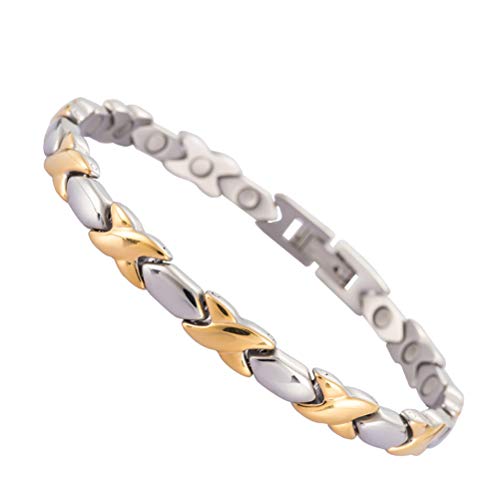 Pulsera magnética de acero inoxidable 316L para mujer, joyería de moda y alivia el dolor de artritis, con herramienta de ajuste de tamaño y caja de regalo incluida (18,5 cm), dorado, 2 unidades