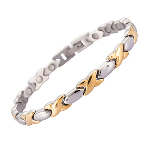 Pulsera magnética de acero inoxidable 316L para mujer, joyería de moda y alivia el dolor de artritis, con herramienta de ajuste de tamaño y caja de regalo incluida (18,5 cm), dorado, 2 unidades