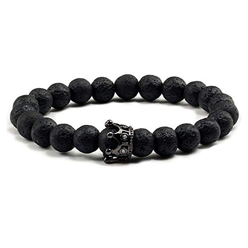 Pulsera Rey y Reina Corona Cuentas de piedra natural para parejas, Pulseras elásticas de piedras preciosas de CZ Coronas Mate Negro Lava Piedra volcánica y Howlite blanco, Regalos para parejas