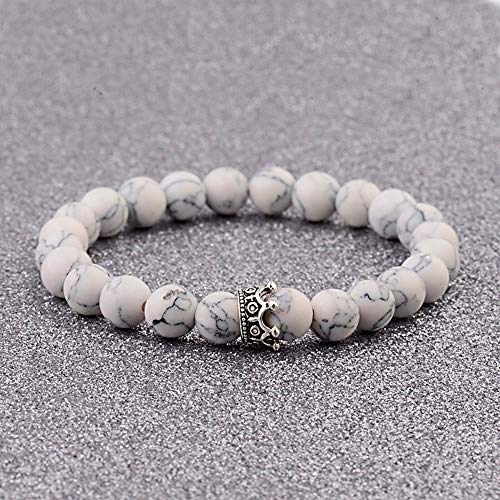 Pulsera Rey y Reina Corona Cuentas de piedra natural para parejas, Pulseras elásticas de piedras preciosas de CZ Coronas Mate Negro Lava Piedra volcánica y Howlite blanco, Regalos para parejas