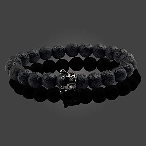 Pulsera Rey y Reina Corona Cuentas de piedra natural para parejas, Pulseras elásticas de piedras preciosas de CZ Coronas Mate Negro Lava Piedra volcánica y Howlite blanco, Regalos para parejas