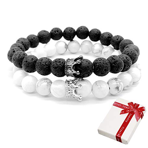 Pulsera Rey y Reina Corona Cuentas de piedra natural para parejas, Pulseras elásticas de piedras preciosas de CZ Coronas Mate Negro Lava Piedra volcánica y Howlite blanco, Regalos para parejas