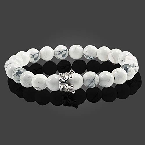 Pulsera Rey y Reina Corona Cuentas de piedra natural para parejas, Pulseras elásticas de piedras preciosas de CZ Coronas Mate Negro Lava Piedra volcánica y Howlite blanco, Regalos para parejas