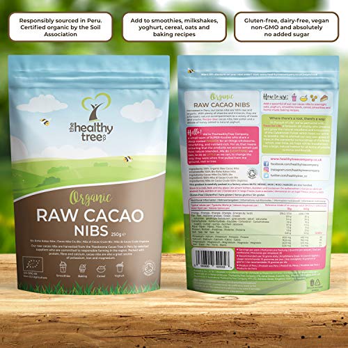 Puntas de Cacao Crudo Orgánico de TheHealthyTree Company Para Batidos, Avena y Yogur - Alto Contenido de Fibra, Calcio, Cobre y Magnesio - Granos/Nibs de Cacao Vegano Peruano (250g)