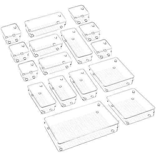 Puricon 16 uds. Organizadores Transparentes para Cajones, Bandeja Plásticas de Almacenamiento para Maquillaje Papelería Cubiertos, Apto para Dormitorio Vestidor Cuarto Baño Cocina Oficina Escritorio