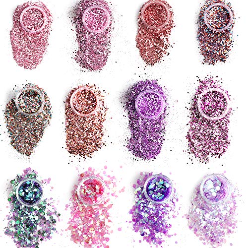 Purpurinas Polvo,Sporgo Chunky Glitter Flakes Paillette para uñas de cara Ojos Labios Cabello Cuerpo,maquillaje Glitter For Music Festival Masquerade Party Music Hallown Christmas(12 cajas * 10ML)