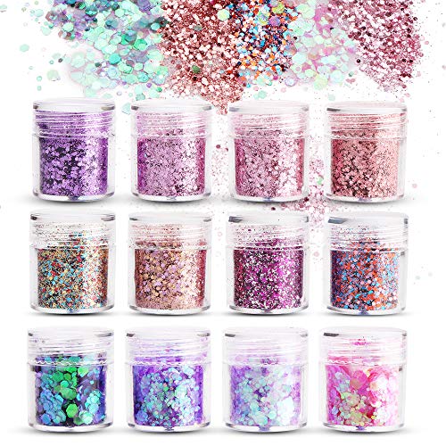 Purpurinas Polvo,Sporgo Chunky Glitter Flakes Paillette para uñas de cara Ojos Labios Cabello Cuerpo,maquillaje Glitter For Music Festival Masquerade Party Music Hallown Christmas(12 cajas * 10ML)