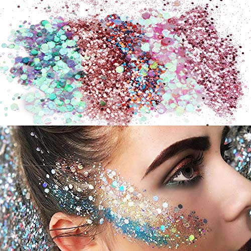 Purpurinas Polvo,Sporgo Chunky Glitter Flakes Paillette para uñas de cara Ojos Labios Cabello Cuerpo,maquillaje Glitter For Music Festival Masquerade Party Music Hallown Christmas(12 cajas * 10ML)