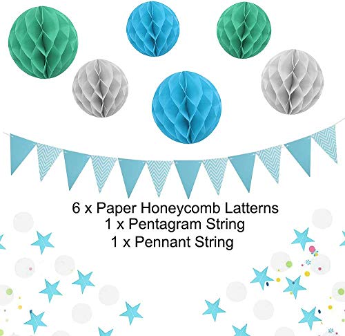 PushingBest decoración cumpleaños, 6 pañuelo de Papel, Pompones 30PCS Globos de látex (10 Piezas x Azul / Verde / Blanco).