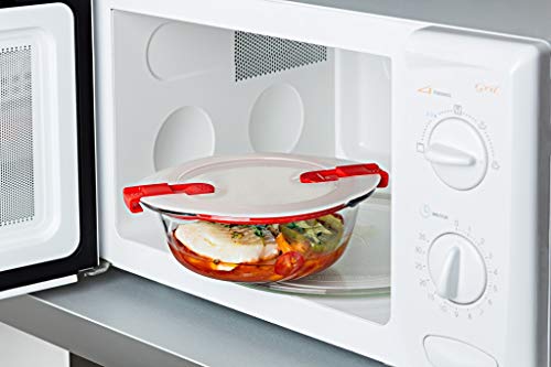 Pyrex Cook & Heat Recipiente hermético con válvulas de vapor de vidrio borosilicato. Perfecto para transportar alimentos y calentar en el microondas, transparente