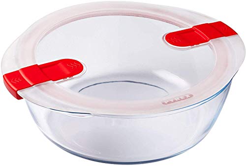 Pyrex Cook & Heat Recipiente hermético con válvulas de vapor de vidrio borosilicato. Perfecto para transportar alimentos y calentar en el microondas, transparente