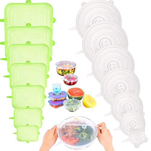 Q-WOOFF Tapas Silicona, 14 Piezas,Tapas Silicona Ajustables Cocina Reutilizables para Alimentos/Tazones/Recipientes, Se Pueden Usar En El Refrigerador En Lugar De Envoltura De Plástico